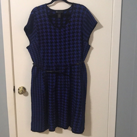 Blue and Black Houndstooth Dress With Belt - Picture 2 of 8